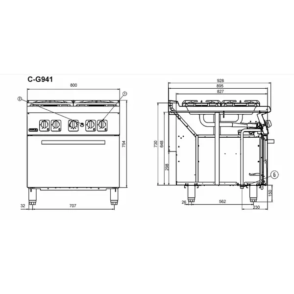 Gas cooker with 4 burners (different sizes) and gas oven - C-G941