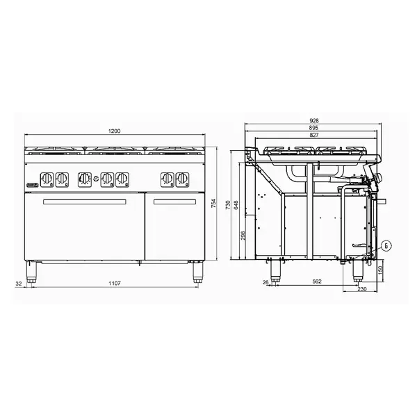 Gas cooker with 6 burners (different power) and gas oven GN 2/1- C-G961